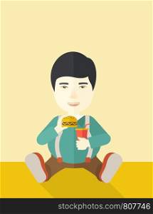 An african-american fat man sitting on the floor while eating hamburger and drinking soda vector flat design illustration. Vertical poster layout with a text space.. Man eating hamburger.