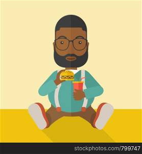 An african-american fat man with beard sitting on the floor while eating hamburger and drinking soda vector flat design illustration. Square layout.. Man eating hamburger.