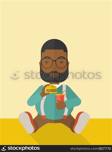 An african-american fat man with beard sitting on the floor while eating hamburger and drinking soda vector flat design illustration. Vertical layout with a text space.. Man eating hamburger.