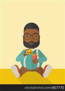 An african-american fat man with beard sitting on the floor while eating hamburger and drinking soda vector flat design illustration. Vertical layout with a text space.. Man eating hamburger.