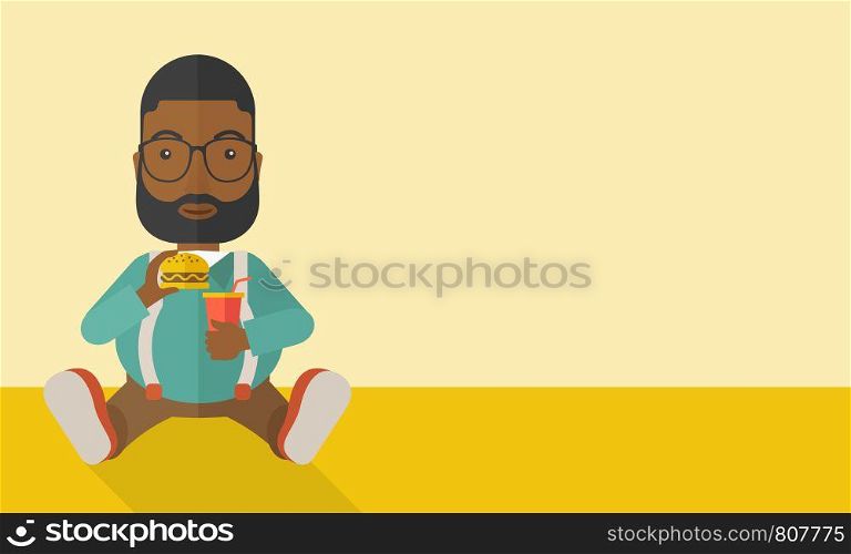 An african-american fat man with beard sitting on the floor while eating hamburger and drinking soda vector flat design illustration. Horizontal layout with a text space.. Man eating hamburger.