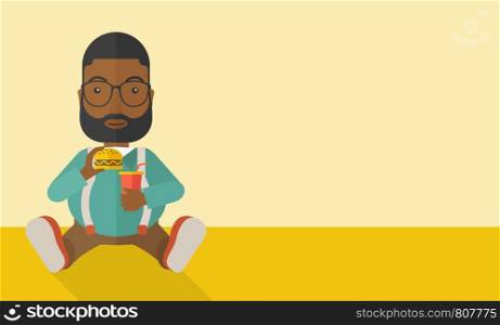 An african-american fat man with beard sitting on the floor while eating hamburger and drinking soda vector flat design illustration. Horizontal layout with a text space.. Man eating hamburger.