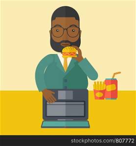 An african-american fat man with beard standing in front of a laptop while eating hamburger vector flat design illustration. Square layout.. Man eating hamburger.