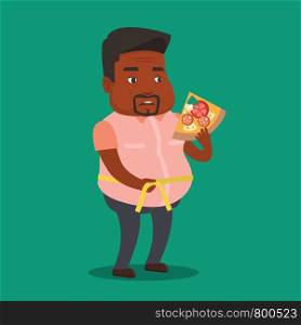An african-american fat man with slice of pizza measuring a waistline. Fat man measuring a waistline with tape. Fat man with centimeter on waistline. Vector flat design illustration. Square layout.. Man measuring waist vector illustration.