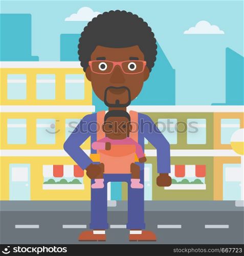 An african-american father carrying daughter in sling. Father with baby in sling walking in the city street. Young father carrying newborn in sling. Vector flat design illustration. Square layout.. Father carrying his daughter in sling.