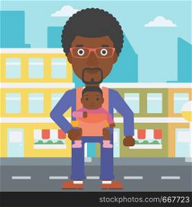 An african-american father carrying daughter in sling. Father with baby in sling walking in the city street. Young father carrying newborn in sling. Vector flat design illustration. Square layout.. Father carrying his daughter in sling.