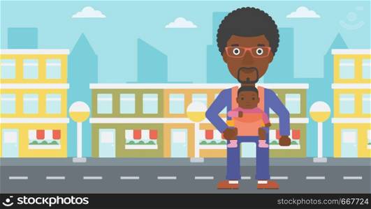 An african-american father carrying daughter in sling. Father with baby in sling walking in the city street. Young father carrying newborn in sling. Vector flat design illustration. Horizontal layout.. Father carrying his daughter in sling.