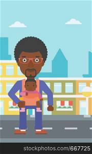 An african-american father carrying daughter in sling. Father with baby in sling walking in the city street. Young father carrying newborn in sling. Vector flat design illustration. Vertical layout.. Father carrying his daughter in sling.
