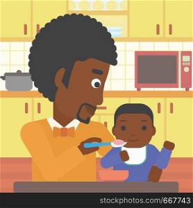An african-american father feeding baby at home. Young father teaching baby to eat with spoon. Father spoon-feeding her baby at kitchen. Vector flat design illustration. Square layout.. Father feeding baby vector illustration.