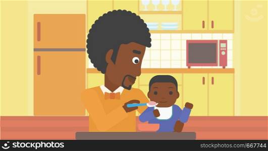 An african-american father feeding baby at home. Young father teaching baby to eat with spoon. Father spoon-feeding her baby at kitchen. Vector flat design illustration. Horizontal layout.. Father feeding baby.