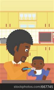 An african-american father feeding baby at home. Young father teaching baby to eat with spoon. Father spoon-feeding her baby at kitchen. Vector flat design illustration. Vertical layout.. Father feeding baby.