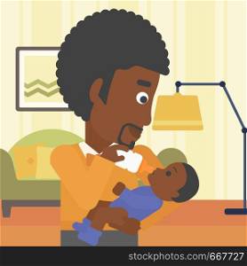 An african-american father feeding baby with a milk bottle. Father feeding newborn baby at home. Baby boy drinking milk from bottle. Vector flat design illustration. Square layout.. Father feeding baby vector illustration.