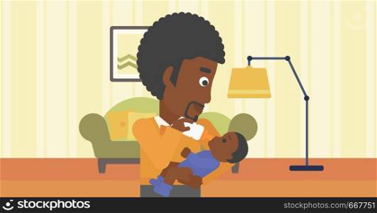 An african-american father feeding baby with a milk bottle. Father feeding newborn baby at home. Baby boy drinking milk from bottle. Vector flat design illustration. Horizontal layout.. Father feeding baby.