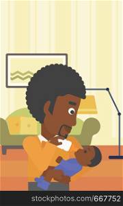 An african-american father feeding baby with a milk bottle. Father feeding newborn baby at home. Baby boy drinking milk from bottle. Vector flat design illustration. Vertical layout.. Father feeding baby.