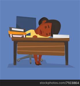 An african-american fatigued student sleeping at the desk with books. Tired student sleeping after learning. Girl sleeping among the books at the table. Vector flat design illustration. Square layout.. Female student sleeping at the desk with book.