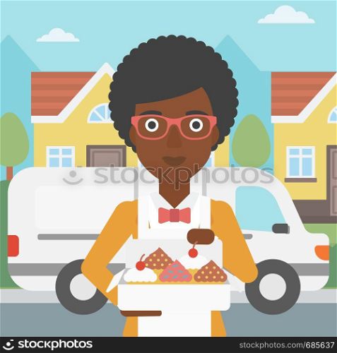 An african-american female baker holding a box of cakes. A baker delivering cakes. Baker with cupcakes standing on the background of delivery truck. Vector flat design illustration. Square layout.. Baker delivering cakes vector illustration.