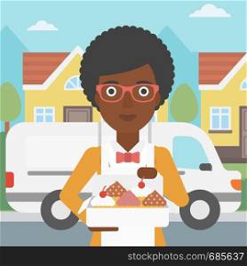 An african-american female baker holding a box of cakes. A baker delivering cakes. Baker with cupcakes standing on the background of delivery truck. Vector flat design illustration. Square layout.. Baker delivering cakes vector illustration.