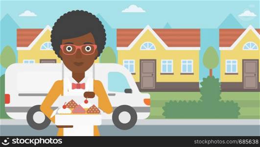 An african-american female baker holding a box of cakes. A baker delivering cakes. Baker with cupcakes standing on the background of delivery truck. Vector flat design illustration. Horizontal layout.. Baker delivering cakes vector illustration.
