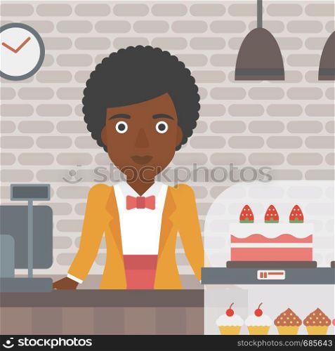 An african-american female bakery worker offering different pastry. A bakery worker standing behind the counter with cakes at the bakery. Vector flat design illustration. Square layout.. Worker standing behind the counter at the bakery.
