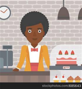 An african-american female bakery worker offering different pastry. A bakery worker standing behind the counter with cakes at the bakery. Vector flat design illustration. Square layout.. Worker standing behind the counter at the bakery.