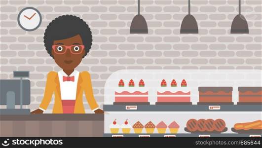 An african-american female bakery worker offering different pastry. A bakery worker standing behind the counter with cakes at the bakery. Vector flat design illustration. Horizontal layout.. Worker standing behind the counter at the bakery.