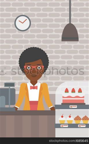 An african-american female bakery worker offering different pastry. A bakery worker standing behind the counter with cakes at the bakery. Vector flat design illustration. Vertical layout.. Worker standing behind the counter at the bakery.