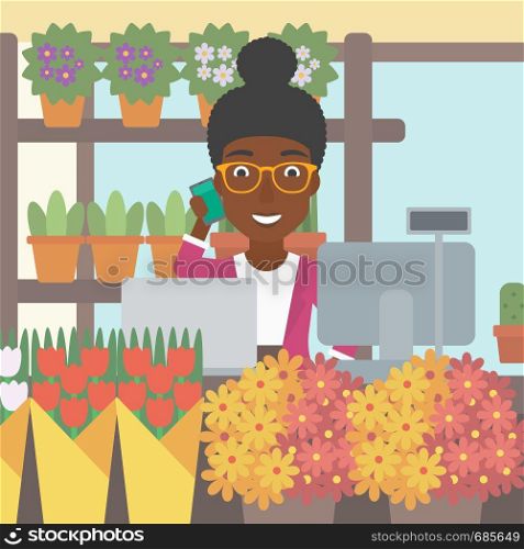 An african-american female florist using telephone and laptop to take orders for flower shop. A florist standing behind the counter at flower shop. Vector flat design illustration. Square layout.. Florist at flower shop vector illustration.