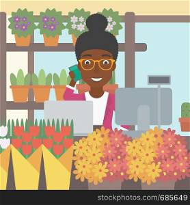An african-american female florist using telephone and laptop to take orders for flower shop. A florist standing behind the counter at flower shop. Vector flat design illustration. Square layout.. Florist at flower shop vector illustration.