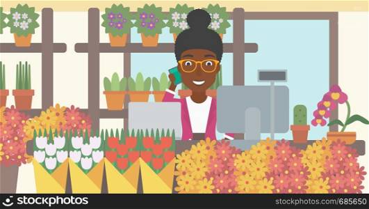An african-american female florist using telephone and laptop to take orders for flower shop. A florist standing behind the counter at flower shop. Vector flat design illustration. Horizontal layout.. Florist at flower shop vector illustration.
