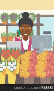 An african-american female florist using telephone and laptop to take orders for flower shop. A florist standing behind the counter at flower shop. Vector flat design illustration. Vertical layout.. Florist at flower shop vector illustration.