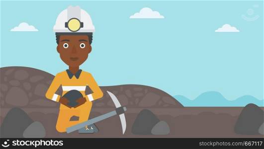 An african-american female miner in hard hat sitting with coal in hands and a pickaxe on the background of coal mine. Vector flat design illustration. Horizontal layout.. Miner holding coal in hands vector illustration.