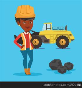 An african-american female miner in hard hat standing on the background of a big excavator. Confident female miner with crossed arms standing near coal. Vector flat design illustration. Square layout.. Miner with a big excavator on background.
