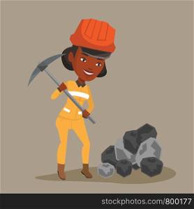 An african-american female miner in hard hat working with a pickaxe. Female miner working at the coal mine. Young female miner at work. Vector flat design illustration. Square layout.. Miner working with pickaxe vector illustration.