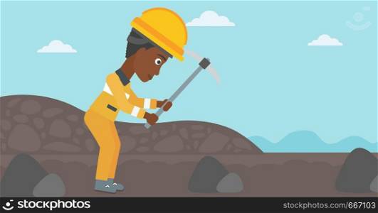 An african-american female miner working with a pickaxe. Mine worker in hard hat. Miner at the coal mine. Vector flat design illustration. Horizontal layout.. Miner working with pickaxe vector illustration.