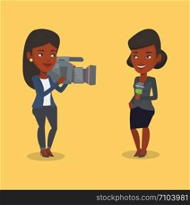 An african-american female reporter with microphone presenting the news. Young operator filming reporter. Reporter and operator recording the news. Vector flat design illustration. Square layout.. TV reporter and operator vector illustration.