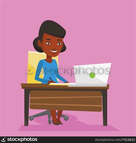 An african-american female student sitting at the table with laptop. Student using laptop for education. Student working on a laptop and writing notes. Vector flat design illustration. Square layout. Student using laptop for education.