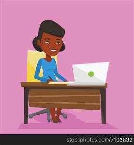 An african-american female student sitting at the table with laptop. Student using laptop for education. Student working on a laptop and writing notes. Vector flat design illustration. Square layout. Student using laptop for education.