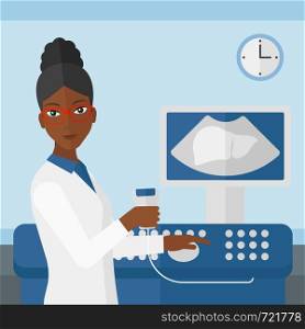 An african-american female ultrasound specialist with ultrasonic equipment on the background of medical office vector flat design illustration. Square layout.. Female ultrasound specialist.