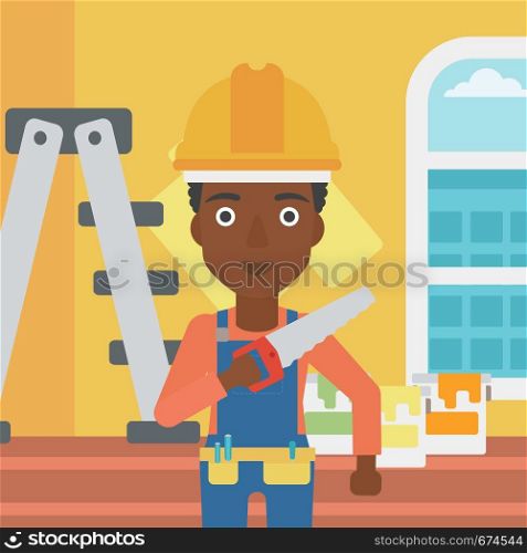 An african-american female worker holding a saw in hand on a background of room with paint cans and ladder vector flat design illustration. Square layout.. Smiling worker with saw.