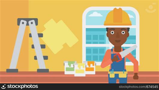 An african-american female worker holding a saw in hand on a background of room with paint cans and ladder vector flat design illustration. Horizontal layout.. Smiling worker with saw.