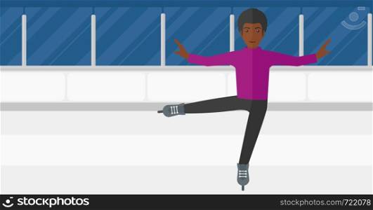 An african-american figure skater performing on ice skating rink vector flat design illustration. Horizontal layout.. Male figure skater.