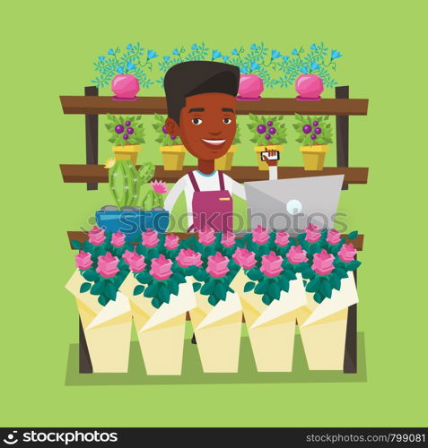 An african-american florist using telephone and laptop to take order. Young florist standing at the counter at flower shop. Man working in flower shop. Vector flat design illustration. Square layout.. Florist at flower shop vector illustration.