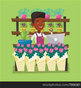 An african-american florist using telephone and laptop to take order. Young florist standing at the counter at flower shop. Man working in flower shop. Vector flat design illustration. Square layout.. Florist at flower shop vector illustration.
