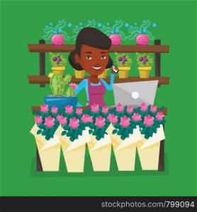 An african-american florist using telephone and laptop to take order. Young florist standing at the counter at flower shop. Woman working in flower shop. Vector flat design illustration. Square layout. Florist at flower shop vector illustration.