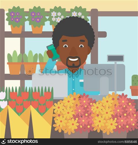 An african-american florist using telephone and laptop to take orders. A florist standing behind the counter at flower shop. Vector flat design illustration. Square layout.. Florist at flower shop vector illustration.
