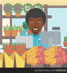 An african-american florist using telephone and laptop to take orders. A florist standing behind the counter at flower shop. Vector flat design illustration. Square layout.. Florist at flower shop vector illustration.