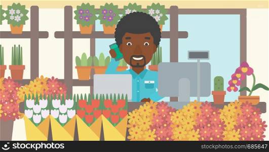 An african-american florist using telephone and laptop to take orders. A florist standing behind the counter at flower shop. Vector flat design illustration. Horizontal layout.. Florist at flower shop vector illustration.