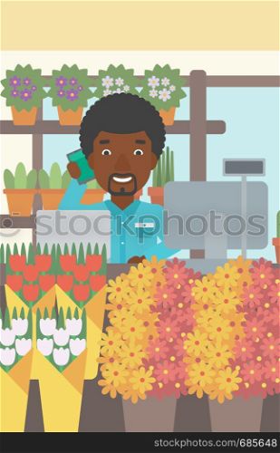 An african-american florist using telephone and laptop to take orders. A florist standing behind the counter at flower shop. Vector flat design illustration. Vertical layout.. Florist at flower shop vector illustration.