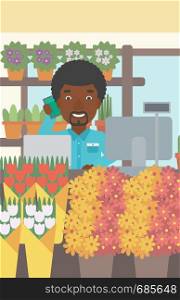An african-american florist using telephone and laptop to take orders. A florist standing behind the counter at flower shop. Vector flat design illustration. Vertical layout.. Florist at flower shop vector illustration.
