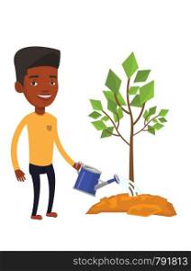 An african-american friendly man watering tree. Gardener with watering can. Young man gardening. Concept of environmental protection. Vector flat design illustration isolated on white background.. Man watering tree vector illustration.